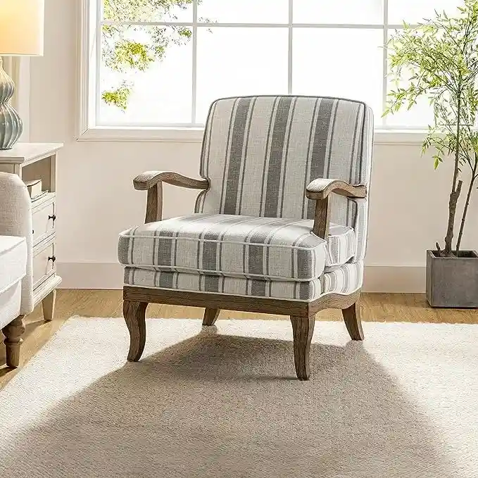 Grey / Stripe / Tan / Blue Farmhouse Polyester Armchair with Solid Wood Arms & Legs - Single Use