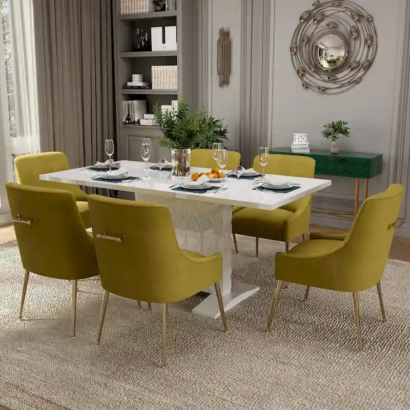 7-Piece Clihome High-gloss Extendable Table Velvet Chair Dining Set
