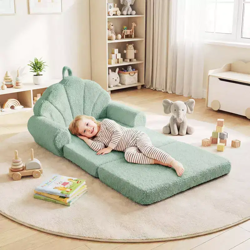 Costway Fold-out Kids Sofa 2-in-1 Convertible Toddler Couch & Lounger with Non-slip Base Beige/Green/Pink