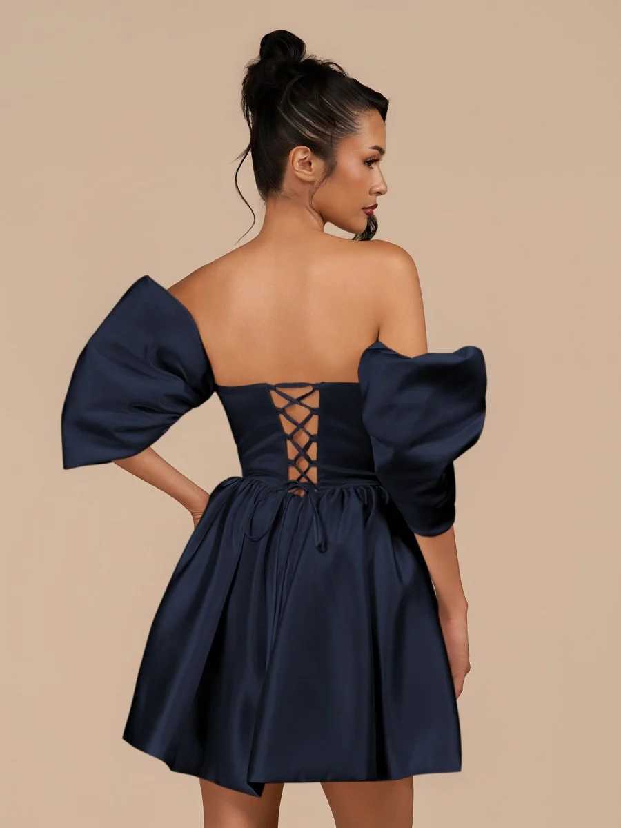 Navy Blue - A Line Satin Strapless Puffed Sleeves Short Homecoming Dresses