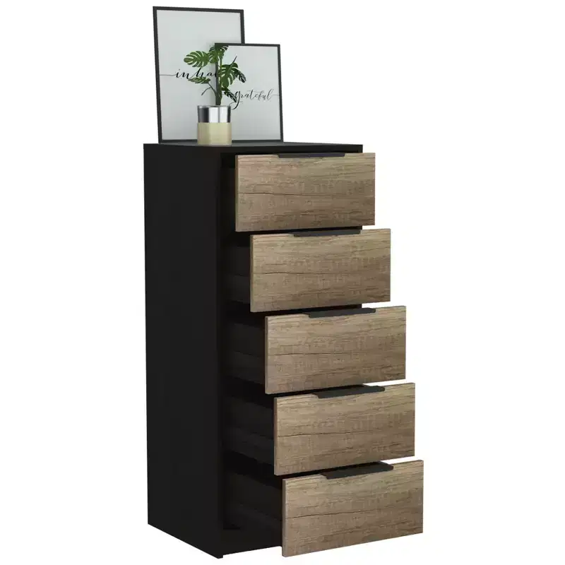 HomeRoots 42 Black And Light Oak Manufactured Wood Five Drawer Chest