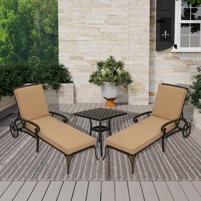 3-Piece Cast Aluminum Reclining Outdoor Chaise Lounge with Side Table