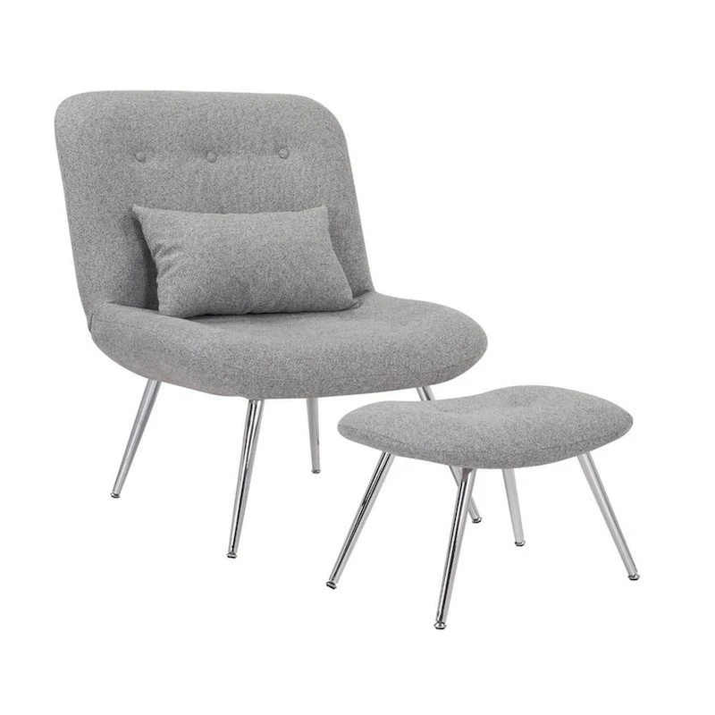 Lea 2pc Modern Lounge Chair and Ottoman Set, Gray Woven Upholstery, Chrome