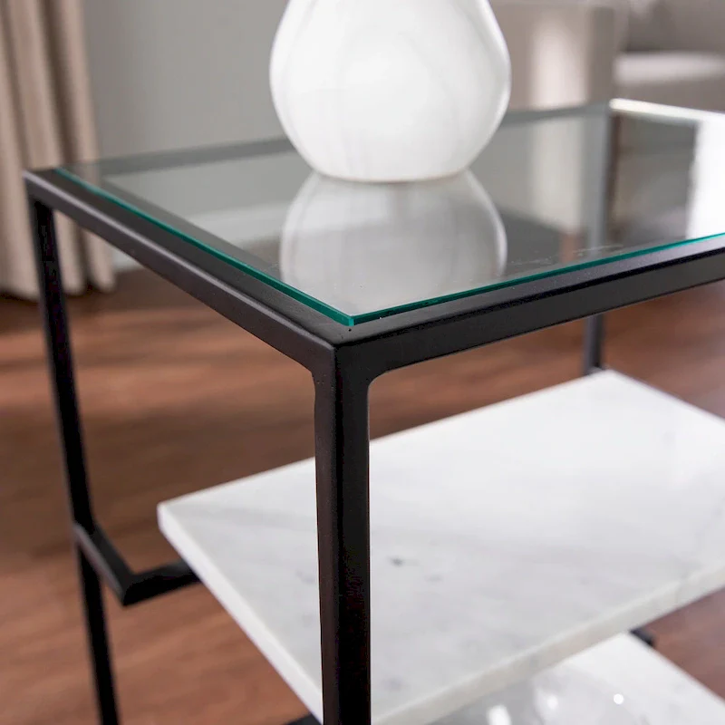 SEI Furniture Piesby Glass-Top End Table with Marble Shelving, Black/White
