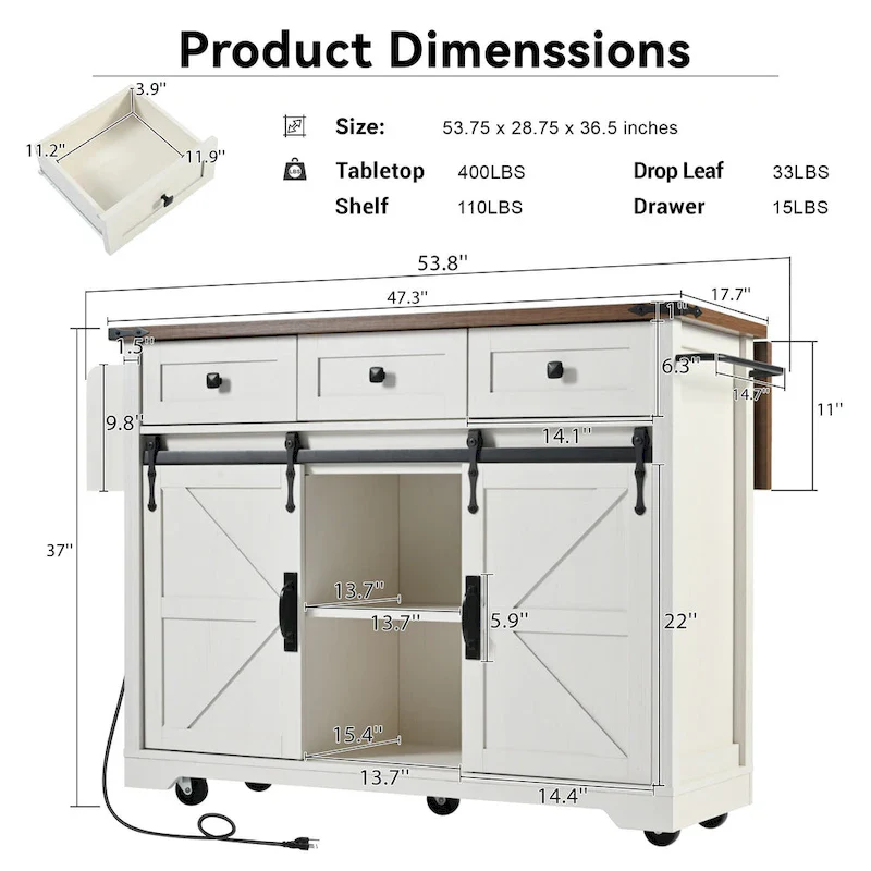 53.7 Farmhouse Kitchen Island With Power Outlet(no include stool)