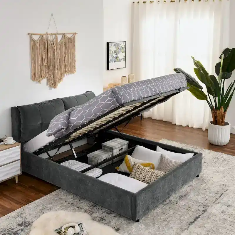 Queen/King Size Storage Upholstered Platform Bed with Headboard