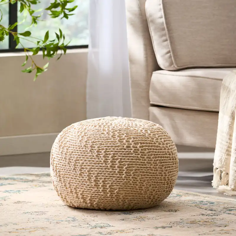 Beige Cable Knit Cotton Pouf Ottoman