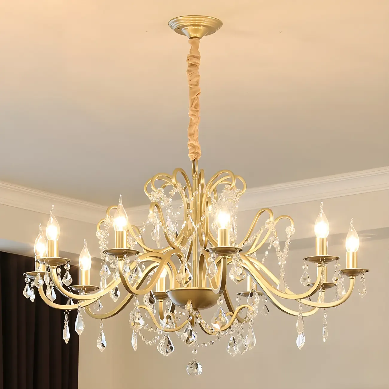 French Curved Arms Gold Crystal Candelabra Chandeliers