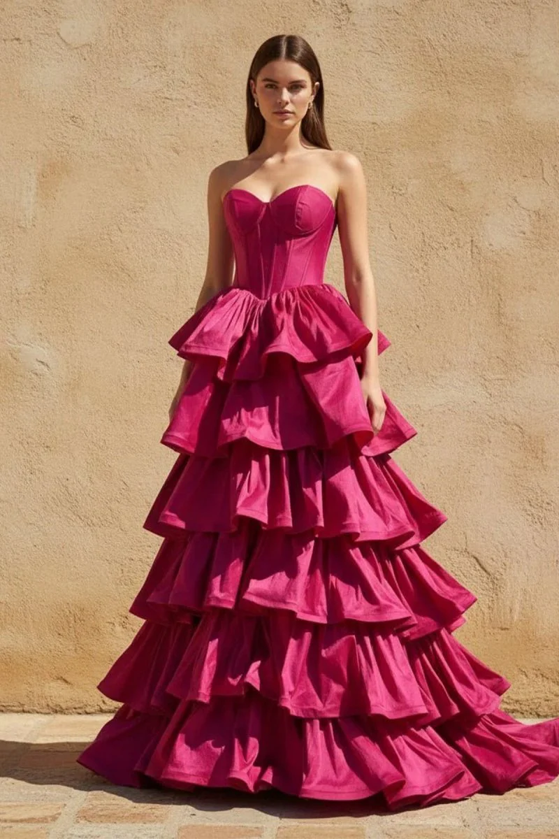 Sweetheart Fuchsia Ruffles A-line Prom Dresses