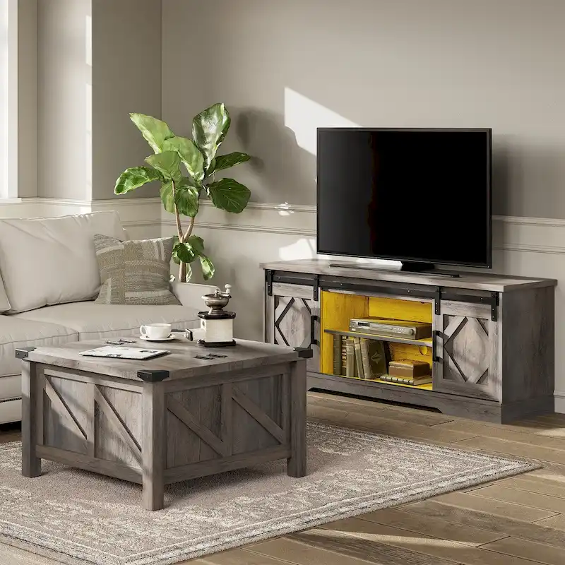 WAMPAT Farmhouse Sliding Barn Door TV Stand and Coffee Table Set of 2