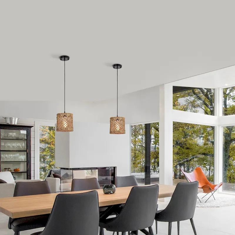 Shaun Dark Yellow 1-Light Rattan Drum Basket Pendant Light