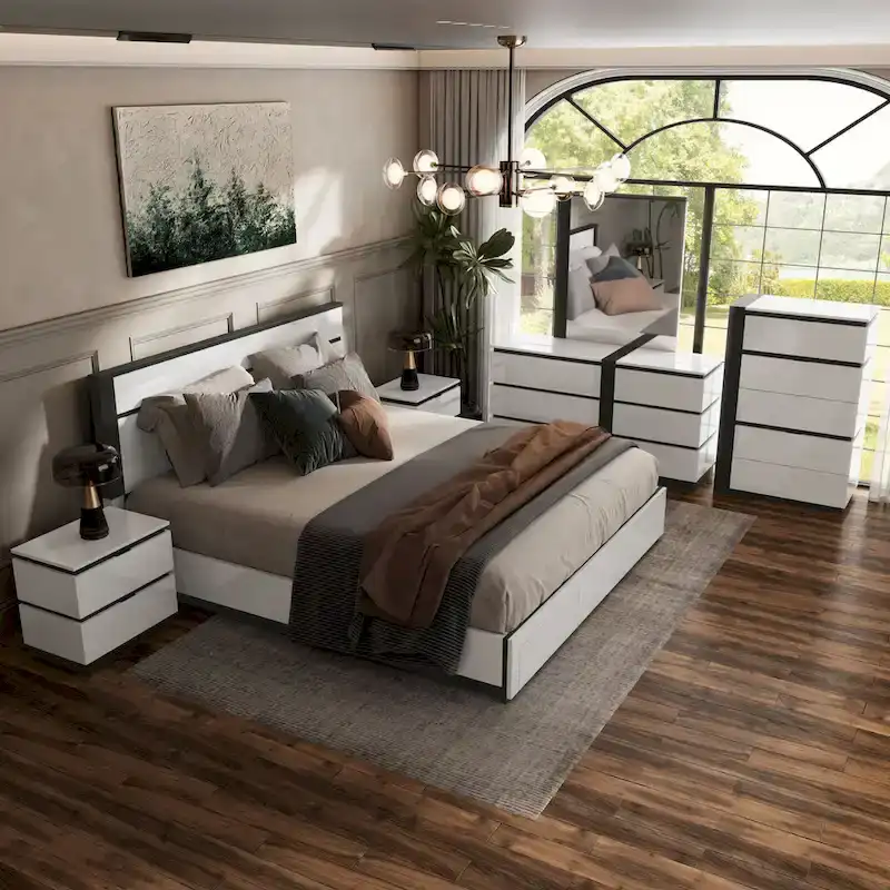 Conjira Modern White Wood 6-Piece Storage Platform Bedroom Set with USBs by Furniture of America