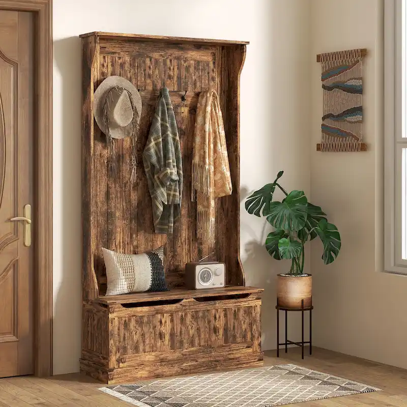 38 3-In-1 Entryway Hall Tree with Storage Bench, Coat Rack with Four Hooks and Shoe Storage, Black