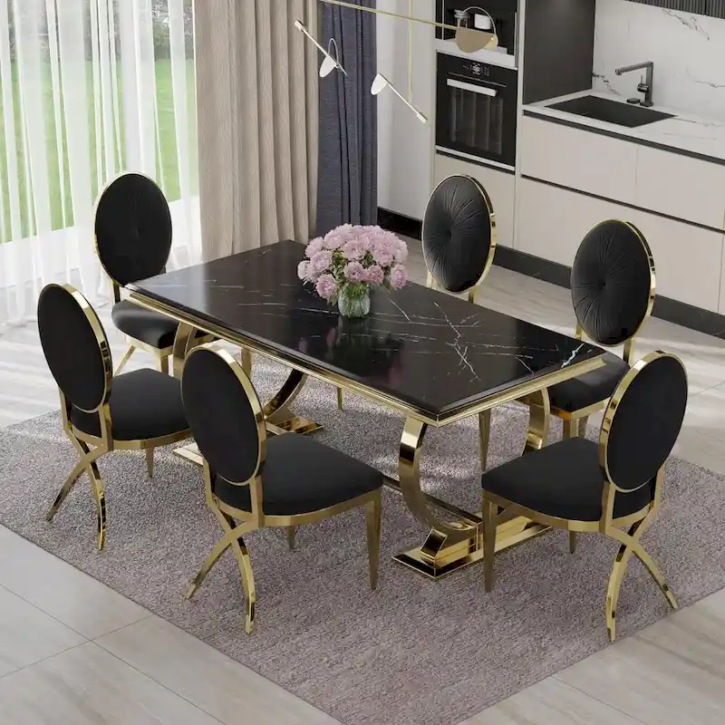 Dining Table with Circular Pedestal Base - Marble Texture Top, Seats 4-8 (Black/Grey/White)