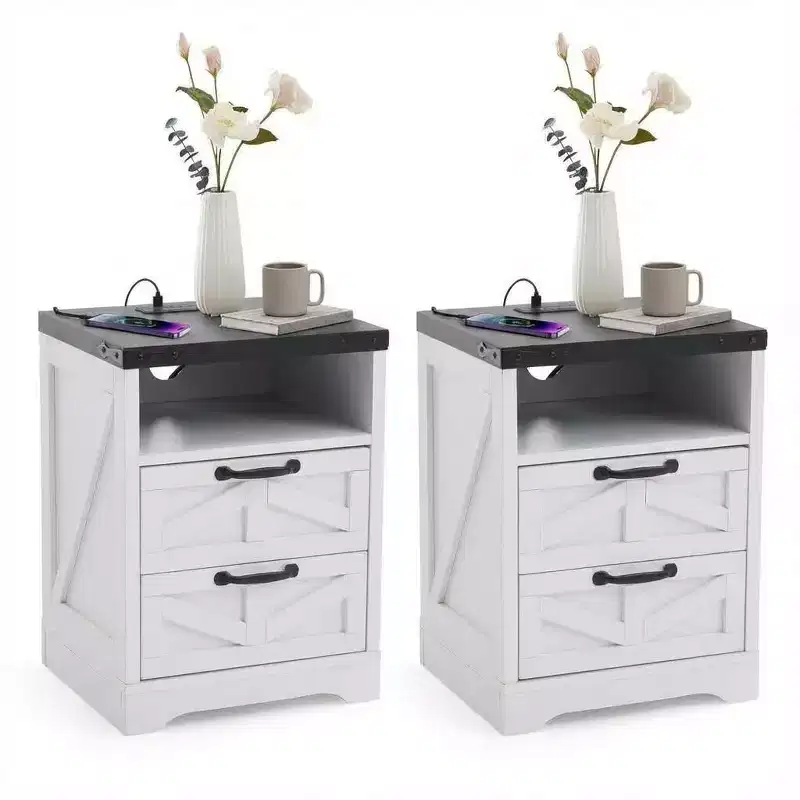 Acekool Farmhouse Nightstand with Charging Station, 2 Drawer Rustic End Table with USB Ports and Outlets, Industrial Bedside Table