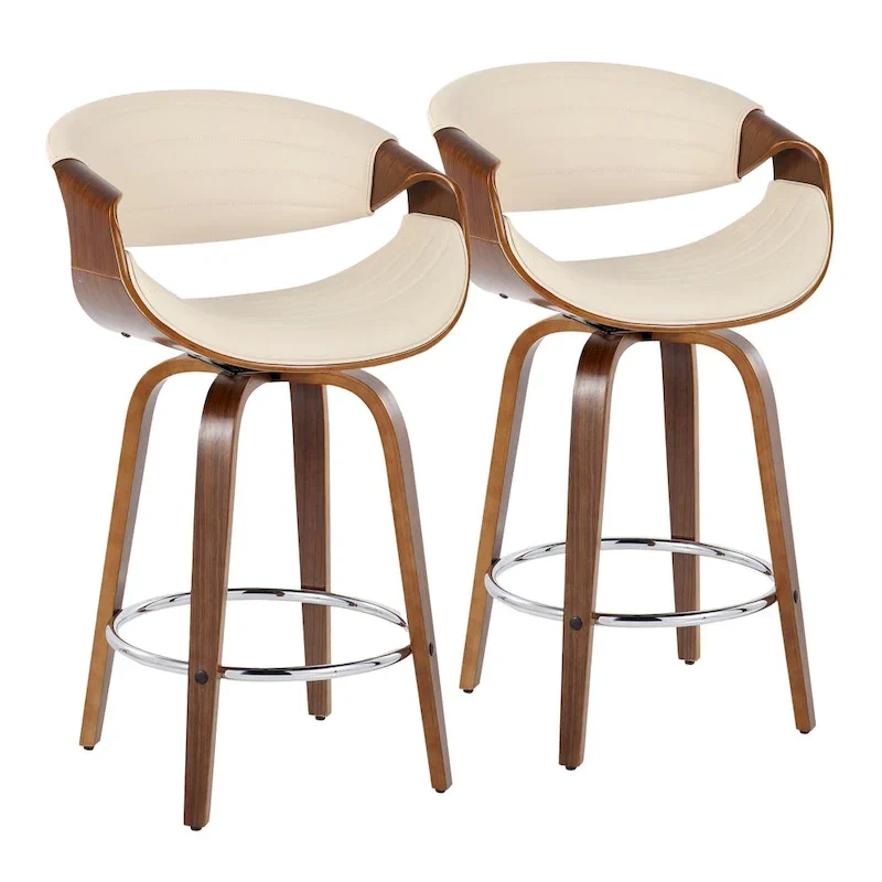 Faux Leather Counter Stool with Bent Wood Legs & Round Footrest (Set of 2)