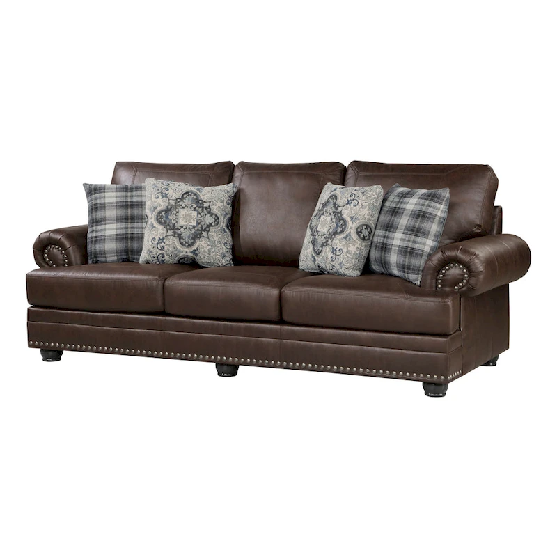 Jade 98 Inch Sofa, Rich Brown Microfiber, 4 Pillows, Soft Cushions, Wood