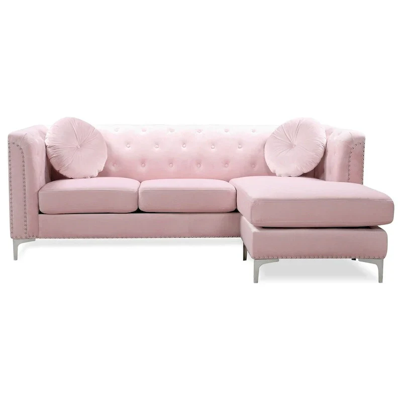 Velvet Button-Tufted Sofa with Reversible Chaise for 3-4 People