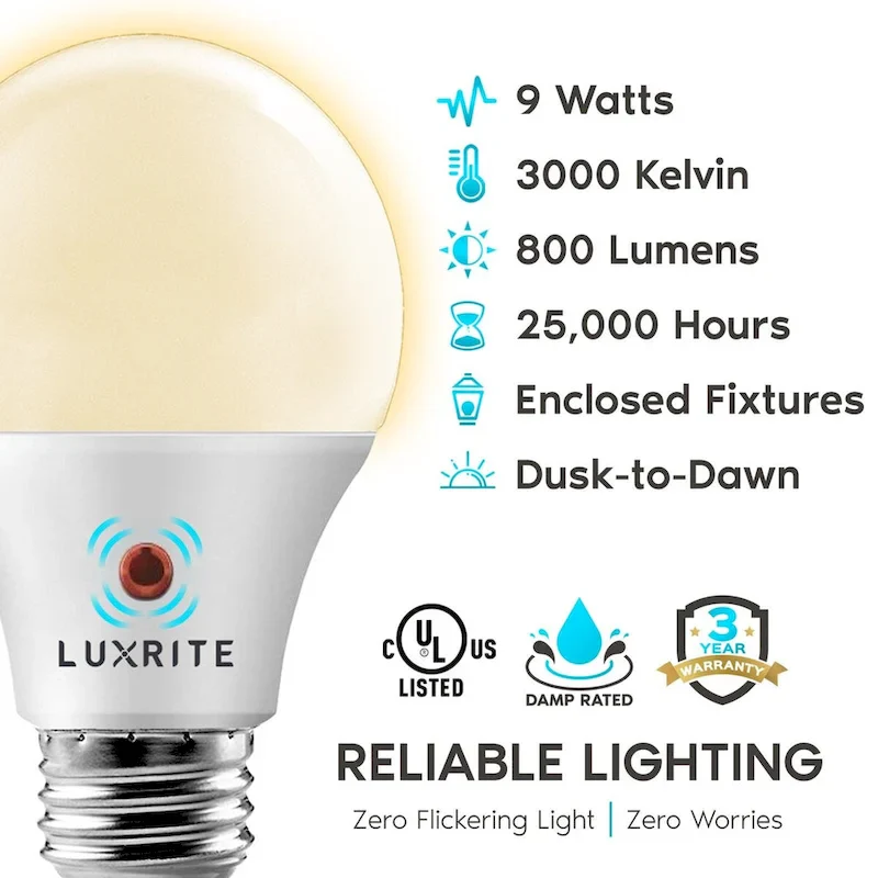 Luxrite A19 LED Dusk to Dawn Light Bulbs Lighting Enclosed Fixture Rated 800lm Damp Rated E26 2 Pack