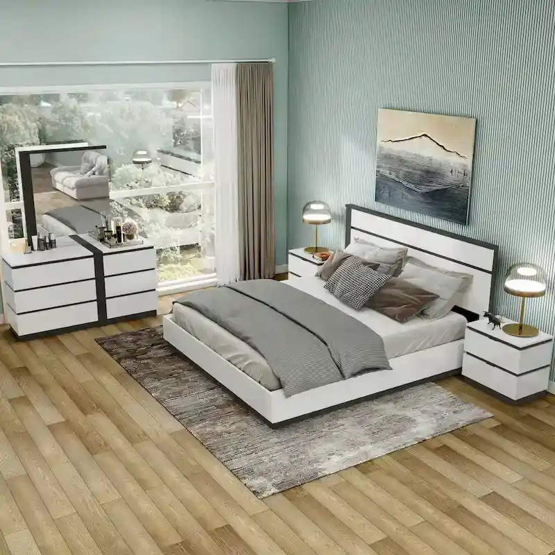 Modern White 5-Piece Platform Bedroom Set with Built-In USB Charging Ports