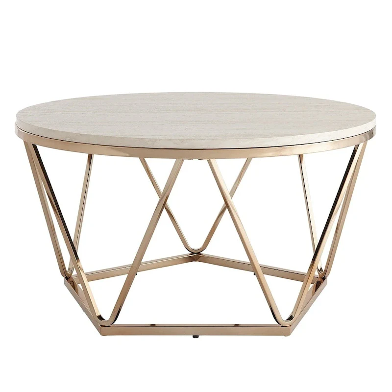 Modern Faux Marble Round Coffee Table with Gold Geometric Base