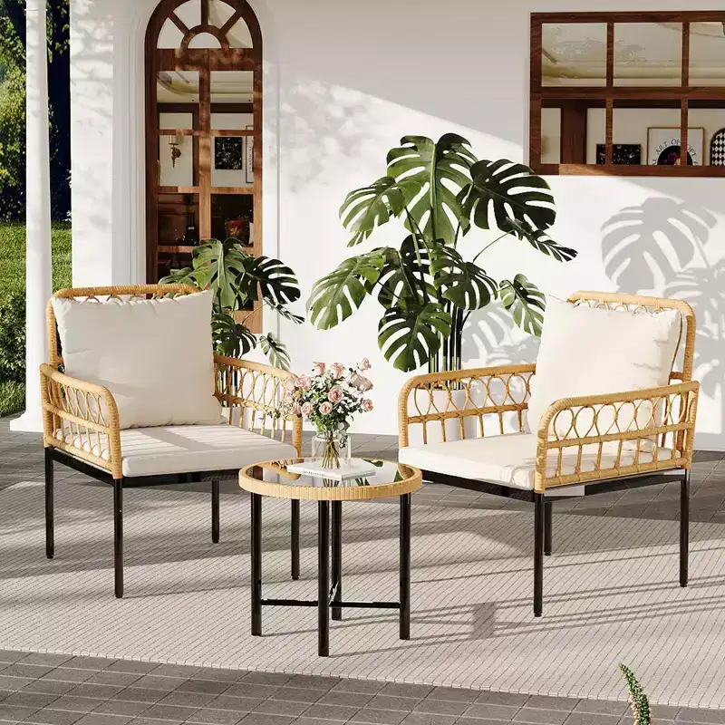 3-Piece Outdoor Patio Furniture Set with 2 Cushioned Rattan Chairs & Round Glass Coffee Table, Weather-Resistant Set for Backyard & Poolside, Beige