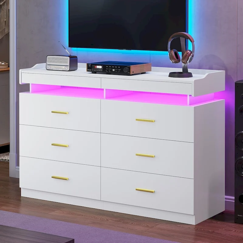 6 Drawer Dresser 2 Pull-Out Tray LED Light Chest of Drawers