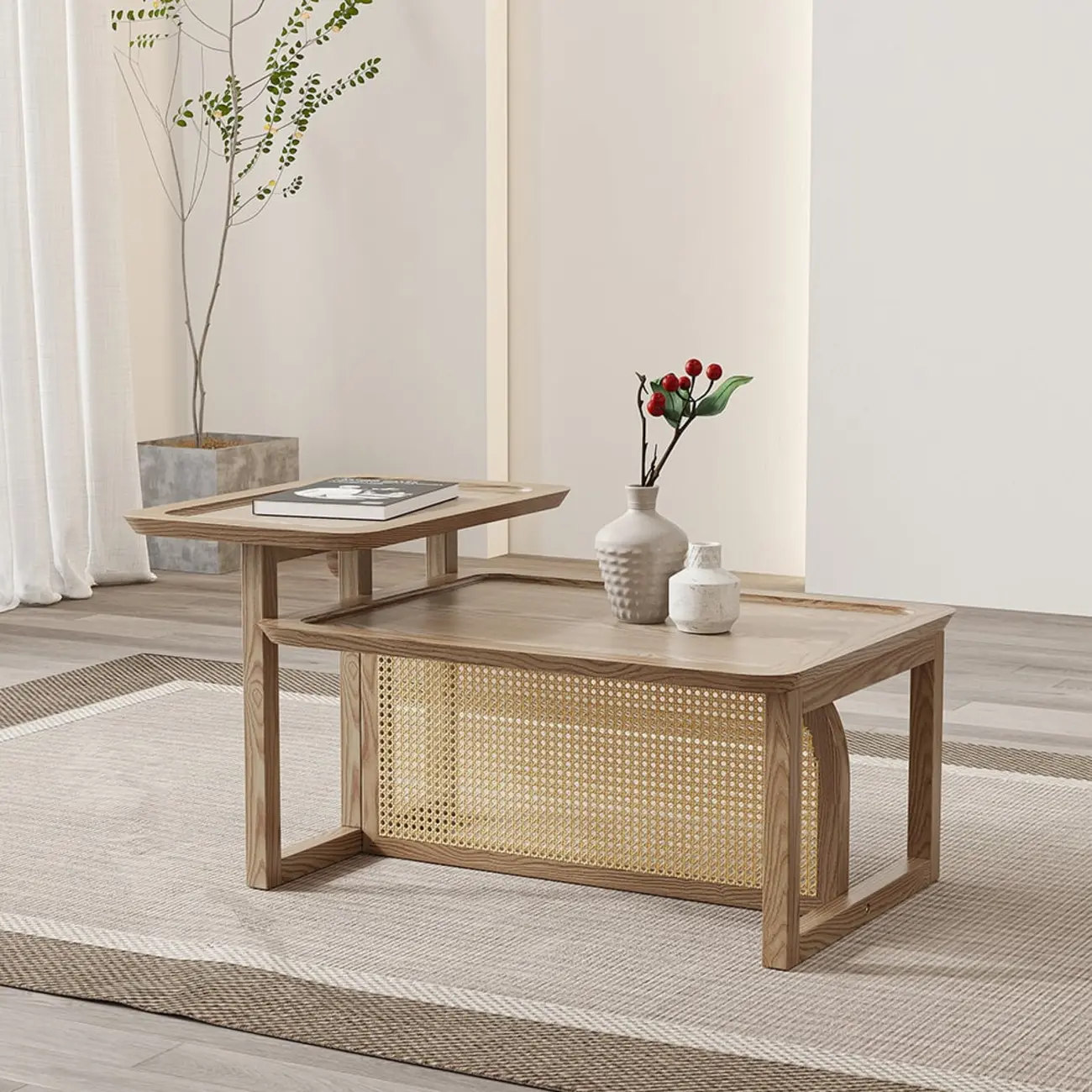Rectangle Wooden Rattan Coffee Table Set in Natural Finish