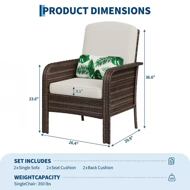 Outdoor Wicker Chairs Set of 2, High-Back Patio Conversation Chairs with 3.1 Cushions for Porch, Deck and Backyard