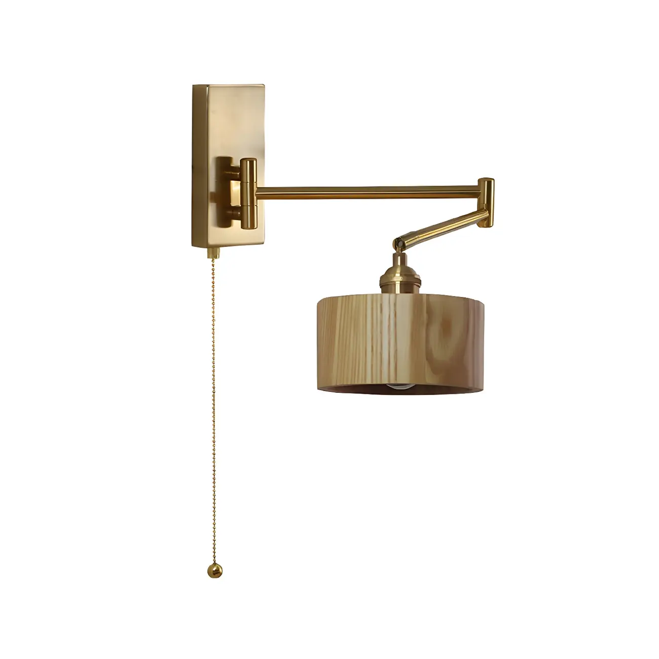 Brown Wood Shade Brass Metal Swing Arm Wall Light