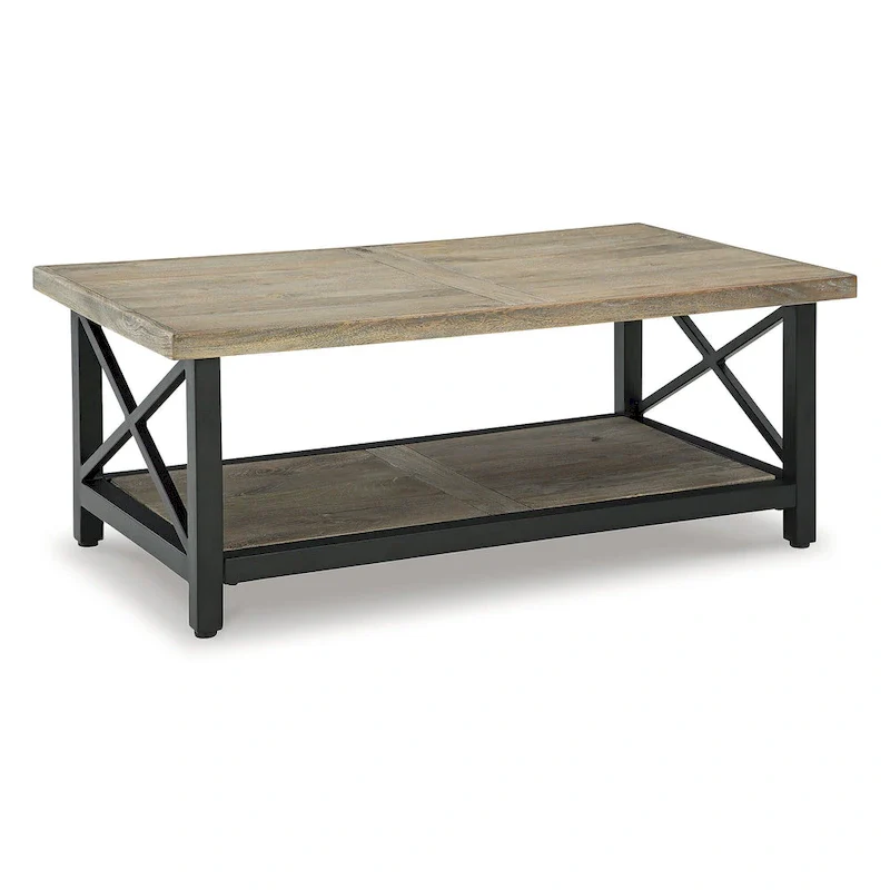 Brown/Black Coffee Table with Wood Top, Metal Frame – Seats 2-4