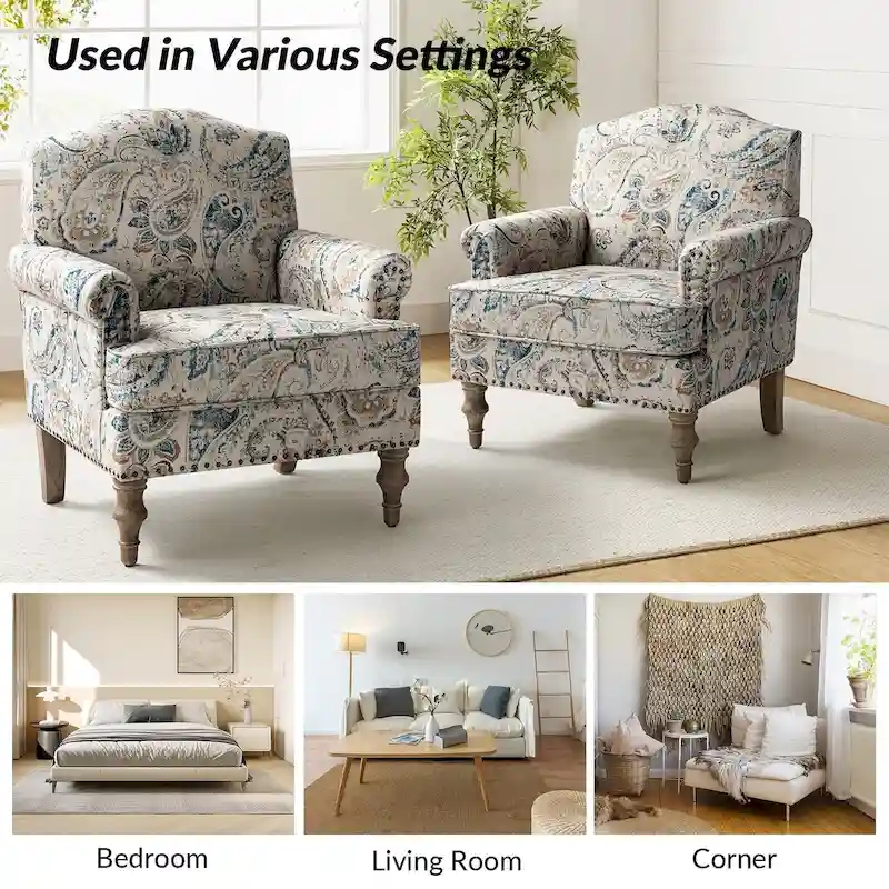 Grey/Navy Farmhouse Nailhead Camelback Armchair, 1-Person