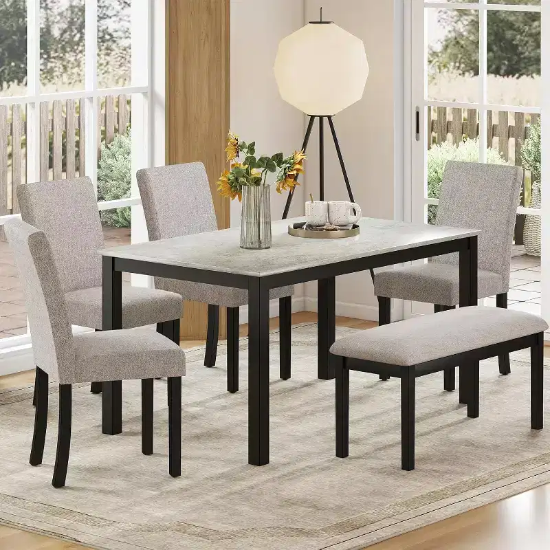 Zevemomo 6-Piece Wood Dining Table Set with Upholstered Chairs and Bench for Dining Room, Kitchen, Restaurant, Black