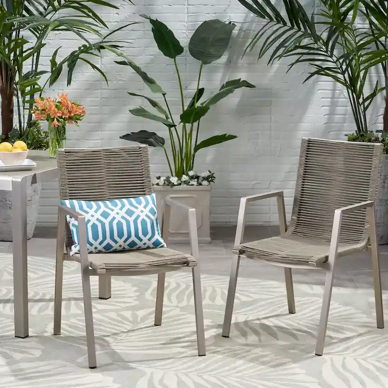 Dark Grey / Taupe Rope-Woven Dining Chair, Set of 2, Aluminum Frame