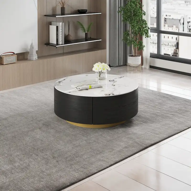 Modern Round Coffee Table, White Sintered Stone Tabletop with 2 Drawers