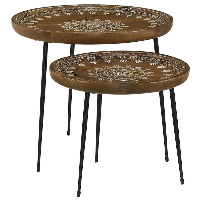2 Piece Round Nesting Tray Top Table Set, Carved Edges, Motif Design, Brown
