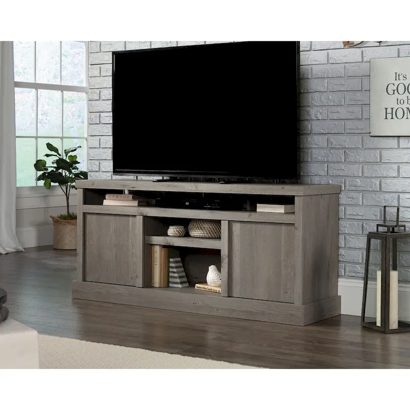 TV Credenza with Herringbone Doors & Adjustable Shelves – Mystic Oak / Sindoori Mango, Modern Style