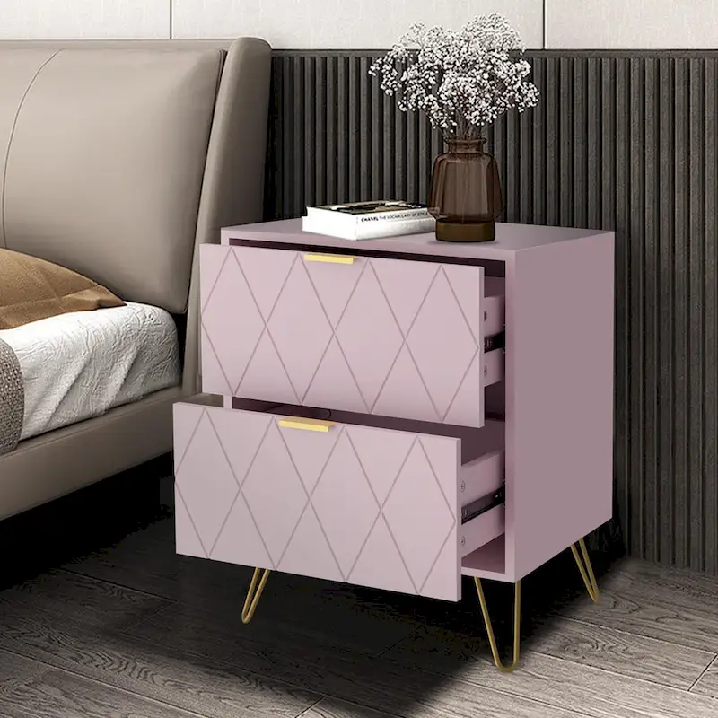 Set of 2 Nightstand 2 Drawer End Side Table Bedside Metal Legs Modern Bedroom Living Room