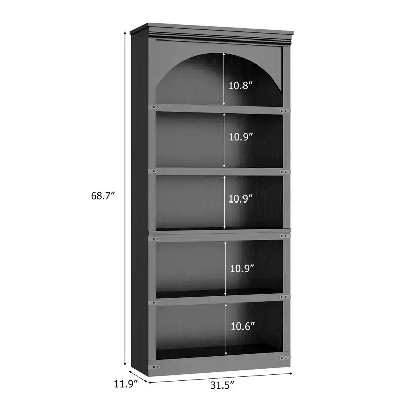 Arched Bookcase 5 Shelf Bookshelf 68.7 in Tall Bookcase Farmhouse Curved Storage Rack Wooden Bookshelves for Home Office, Living Room