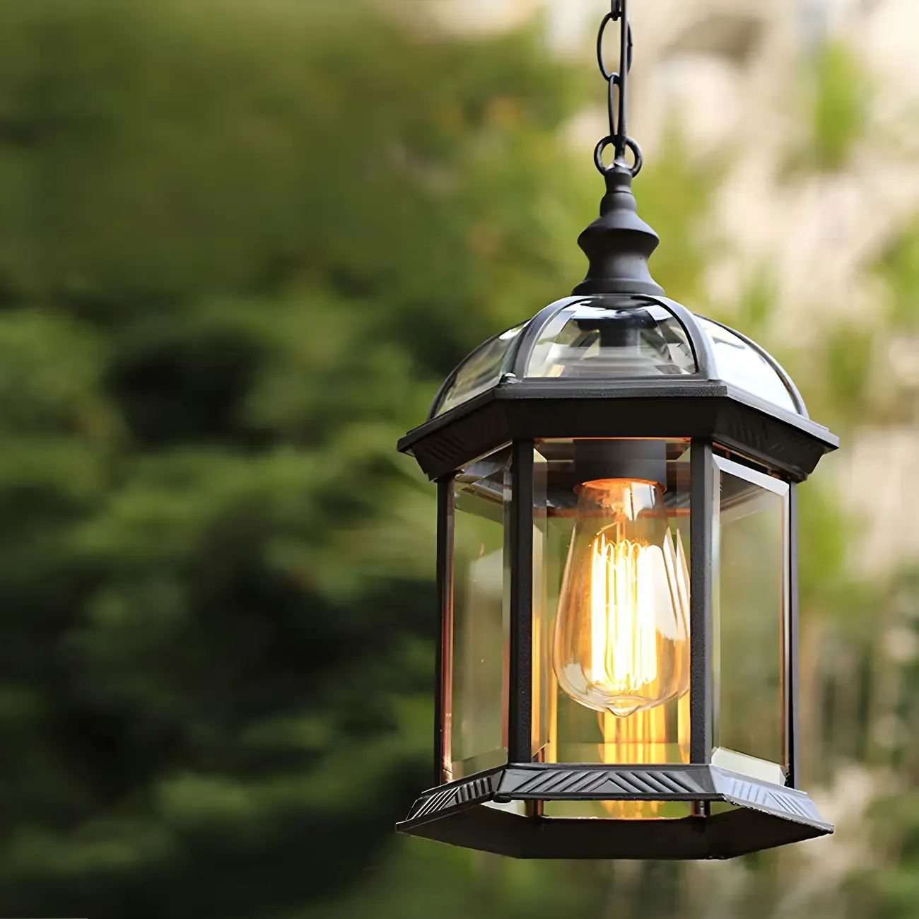 Vintage Black Metal Hexagon Outdoor Pendant Light