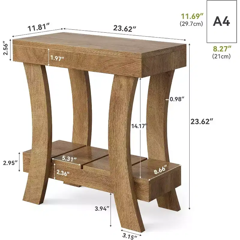 Lantine Narrow Side Table with Storage Shelf, 2-Tier Rectangular End Table with Wood Legs, Small Night Stand for Bedroom, Living Room, Small Spaces