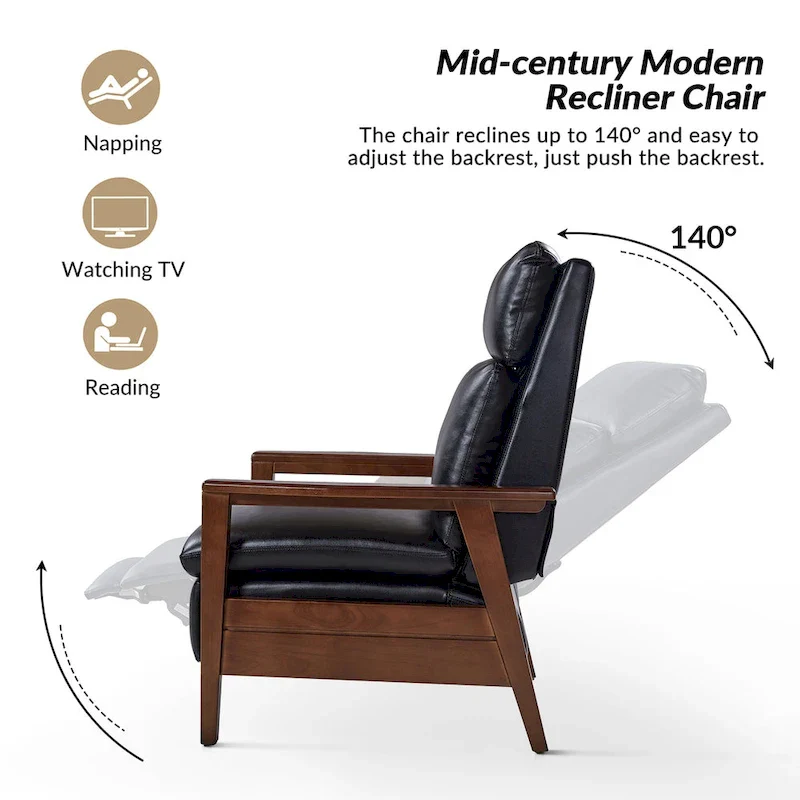 Mid-century Vegan Leather Solid Wood Recliner