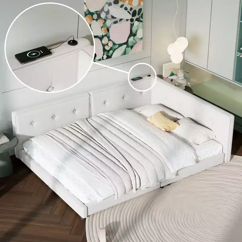 L-Shaped Corner Daybed Upholstered Daybed Sofa Bed with USB Ports, Linen Tufted Platform Bed Frame with Headboard
