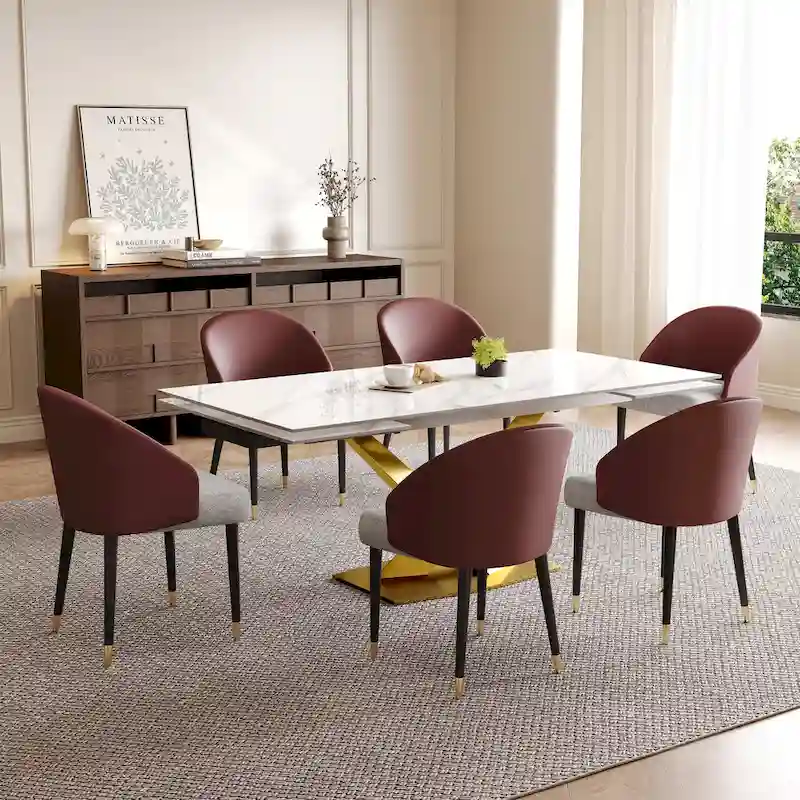 9 - Piece 94.48  Rectangular Extendable Sintered Stone Dining Table with 8 Faux leather Chairs Dining Set