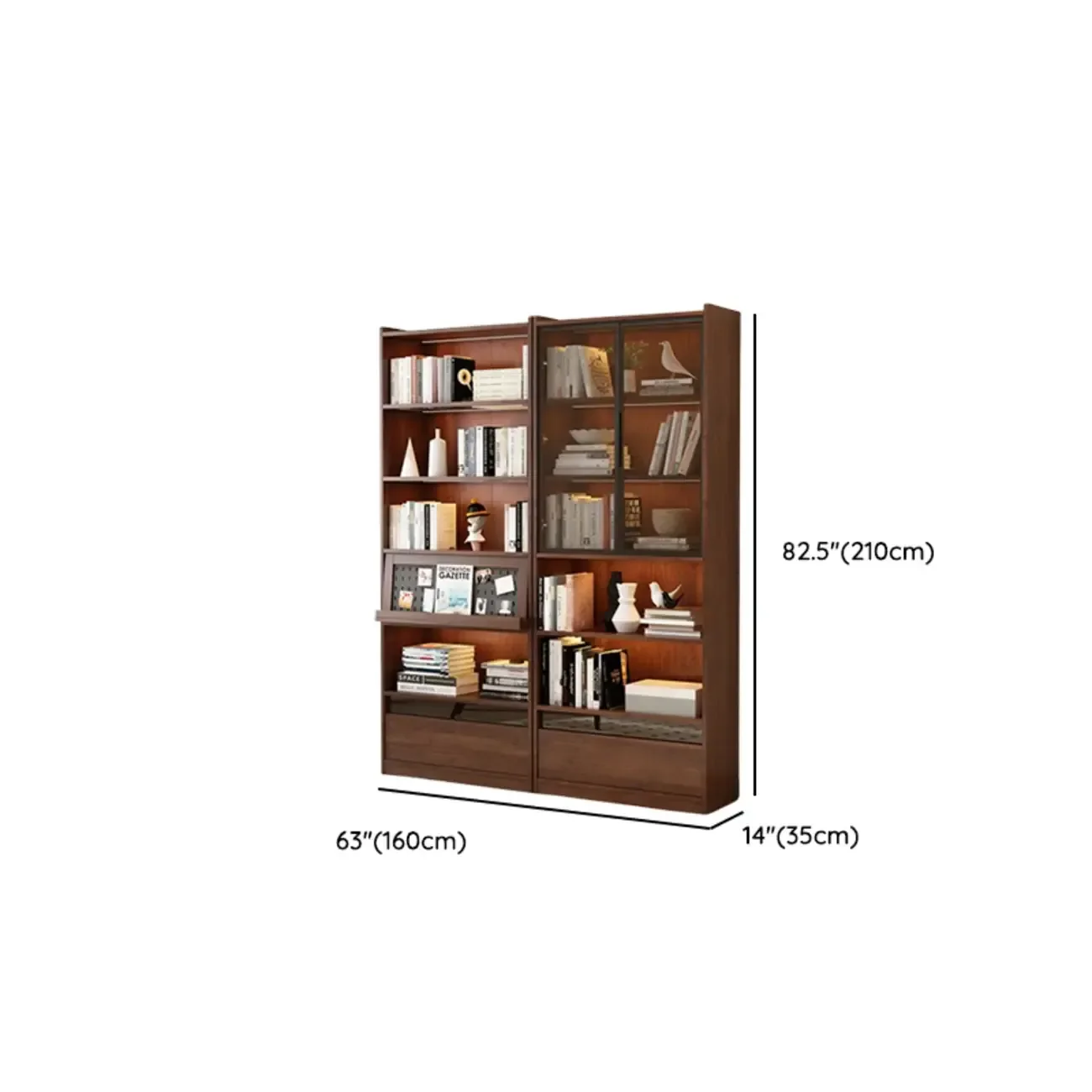 Mid Centyury Tall Brown Vertical Wood Bookcase with Drawers