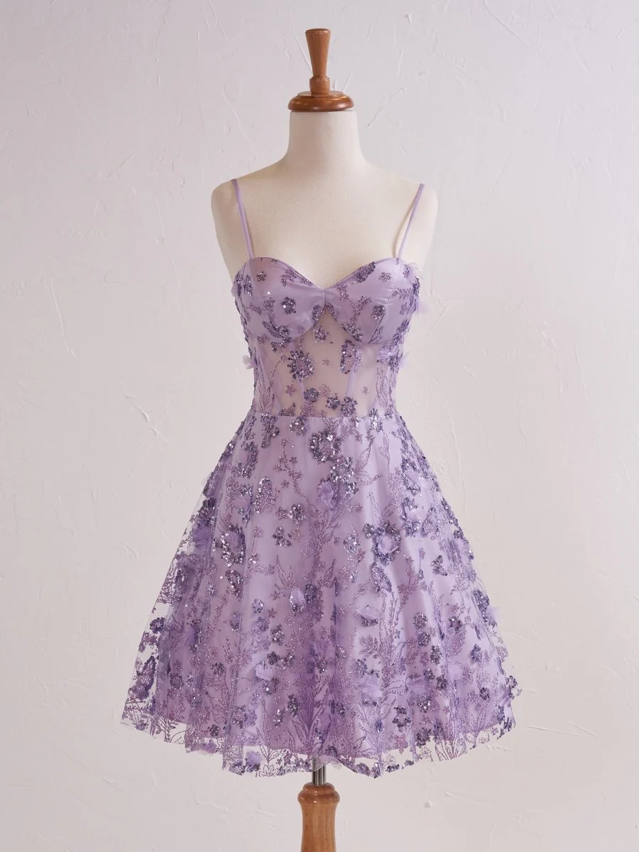 Lavender Floral Strapless Sweetheart Short Cocktail Dress
