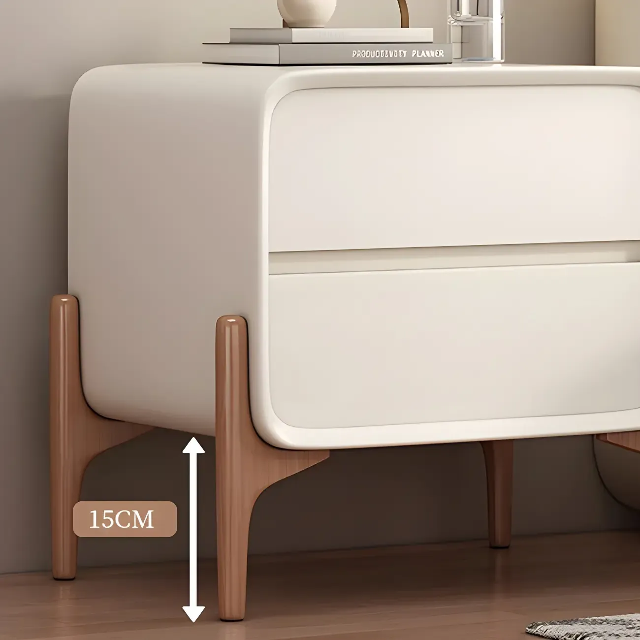 Simple Curved Wooden Faux Leather 2 Drawer Nightstand