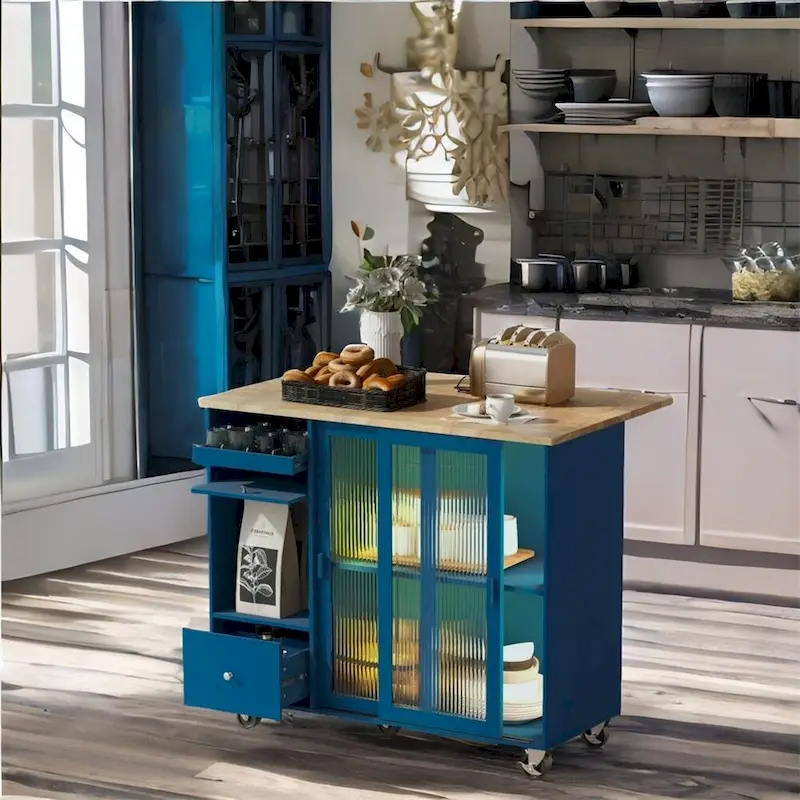 Kitchen Island with Drop Leaf,LED Light Kitchen Cart on Wheels