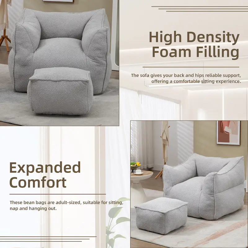 Boucle Upholstered Deep Seat Armless Square Bean Bag Chair with Ottoman