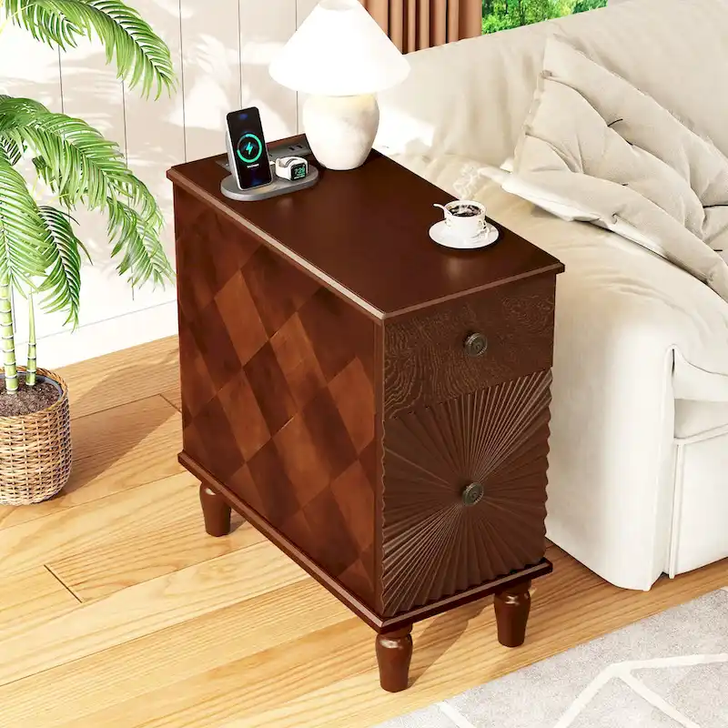 Walnut 2-Drawer Narrow Nightstand with Linear Groove Detail – Mid-Century Modern Style, Bedroom Use